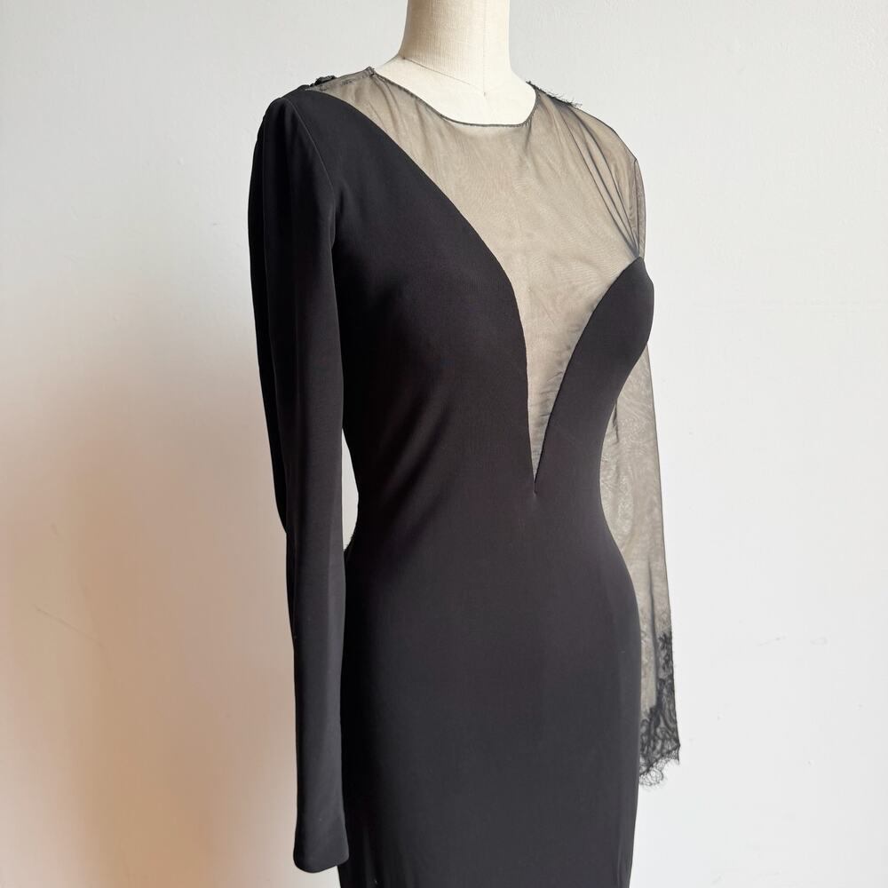 Black Asymmetric Mesh & Lace Evening Gown - Picture 5 of 16